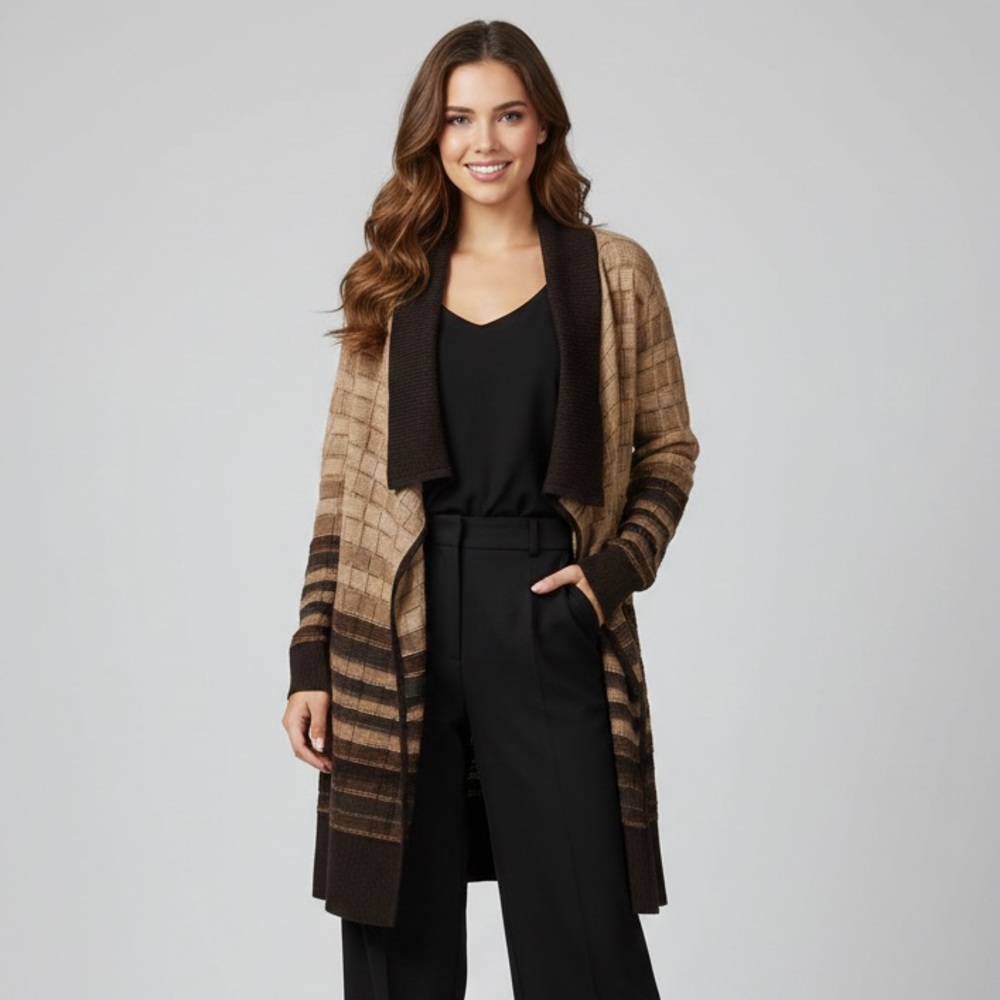 NIC+ZOE Tan and Brown Open Long‎ Cardigan L